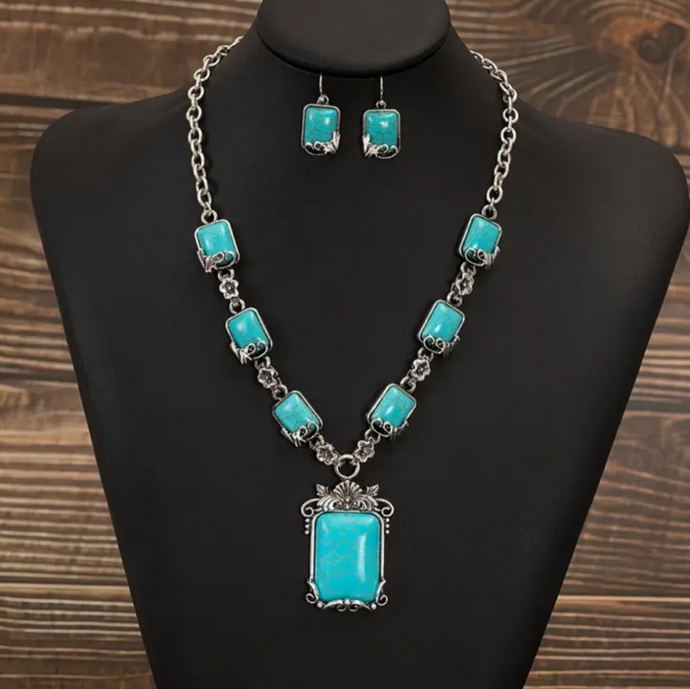 New Square Bohemian Western Retro Fashion Turquoise Gift Necklace and Earrings